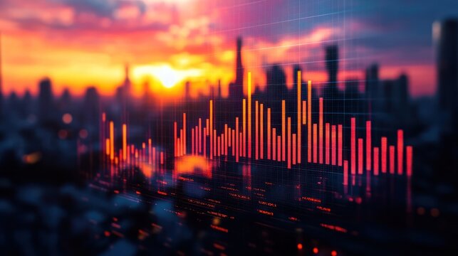 Cityscape sunset with financial chart overlay.