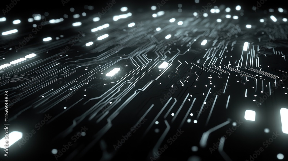 Aufkleber illuminated circuit board with glowing lines and nodes, abstract technology background.
