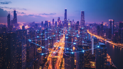 Fototapeta premium Smart digital Innovation city with connection network reciprocity over the cityscape. of future smart wireless digital city and social media networking systems that connects people with in city