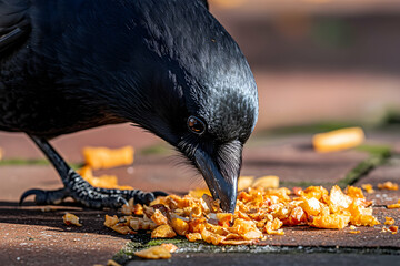 Fototapeta premium Close-up of a black crow pecking at crumbs on the ground. Detailed textures and sharp focus highlight the bird's intense concentration and the scattered food.