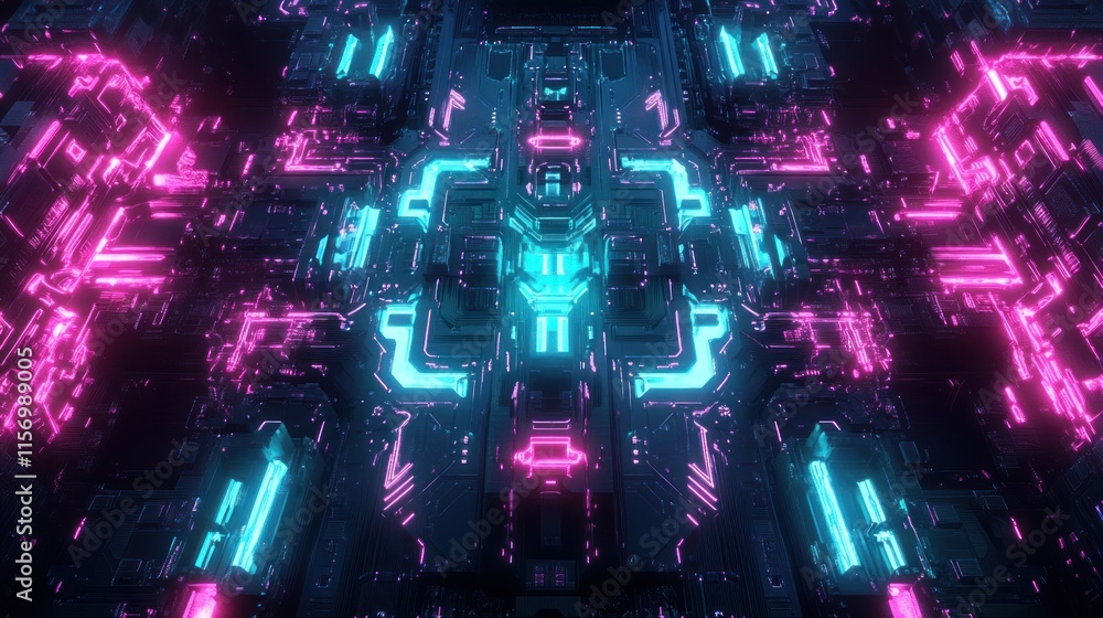 Aufkleber abstract neon pink and blue glowing symmetrical digital circuit board pattern.