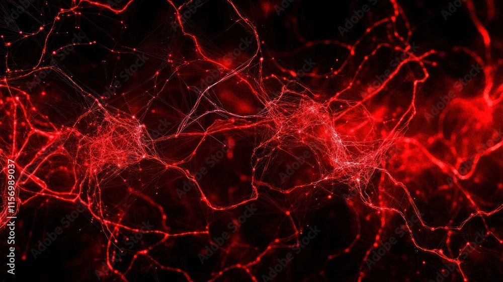 Poster abstract red glowing network lines on black background.