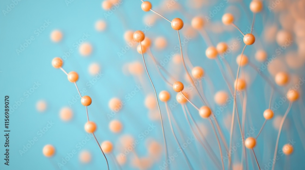 Poster abstract image of delicate, interconnected spheres on thin stems against a light blue background.