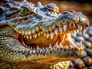 Fototapeta premium Cuban Crocodile Jaws, Close-up, High Depth of Field, Reptile Teeth, Crocodile Mouth, Wildlife Photography, Dangerous Teeth, Sharp Teeth, Reptilian Anatomy