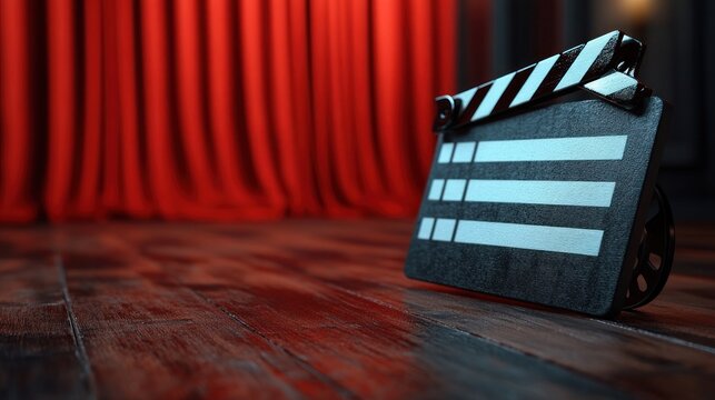 Clapperboard on wooden floor before red curtain.