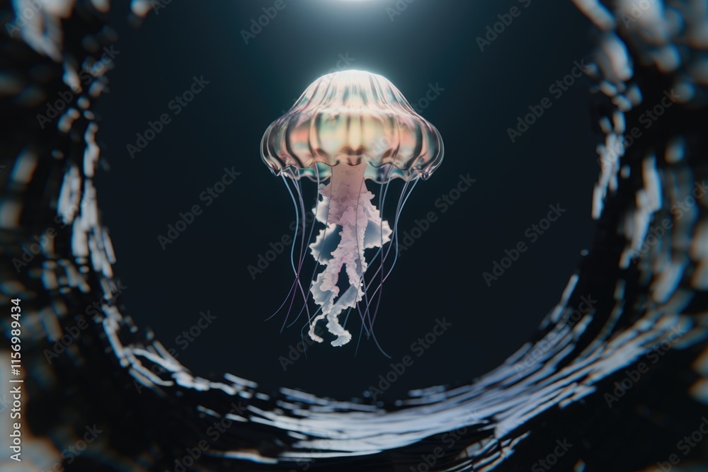 Poster a bioluminescent jellyfish gracefully floats in the dark ocean depths, its translucent bell shimmeri