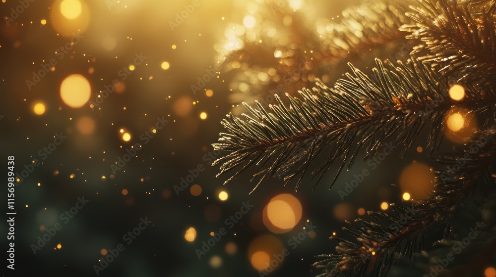 Aufkleber Close-up of a frosted pine branch with bokeh lights in the background, creating a warm and festive atmosphere.