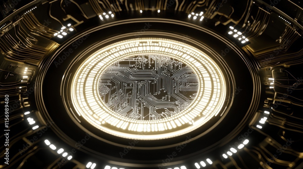 Poster futuristic golden circular portal with glowing circuit board design.