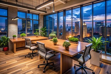 Modern Office Night Photography: Wooden Desks, Large Windows, Plants