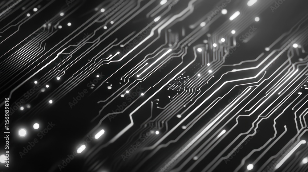 Aufkleber close-up of illuminated circuit board, showcasing intricate pathways and glowing components.