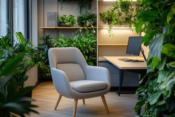 Modern office interior design with grey armchair and abundant indoor plants.