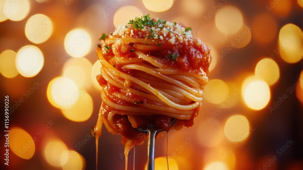 Poster close-up of spaghetti with tomato sauce and parmesan cheese on a fork against a bokeh background.