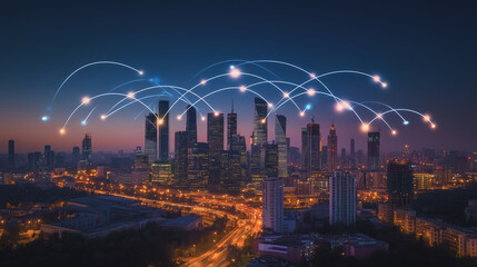 Fototapeta premium Smart digital Innovation city with connection network reciprocity over the cityscape. of future smart wireless digital city and social media networking systems that connects people with in city