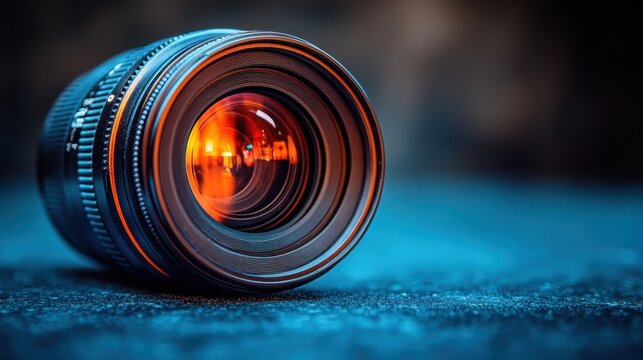 Close-up of a camera lens with orange reflection.