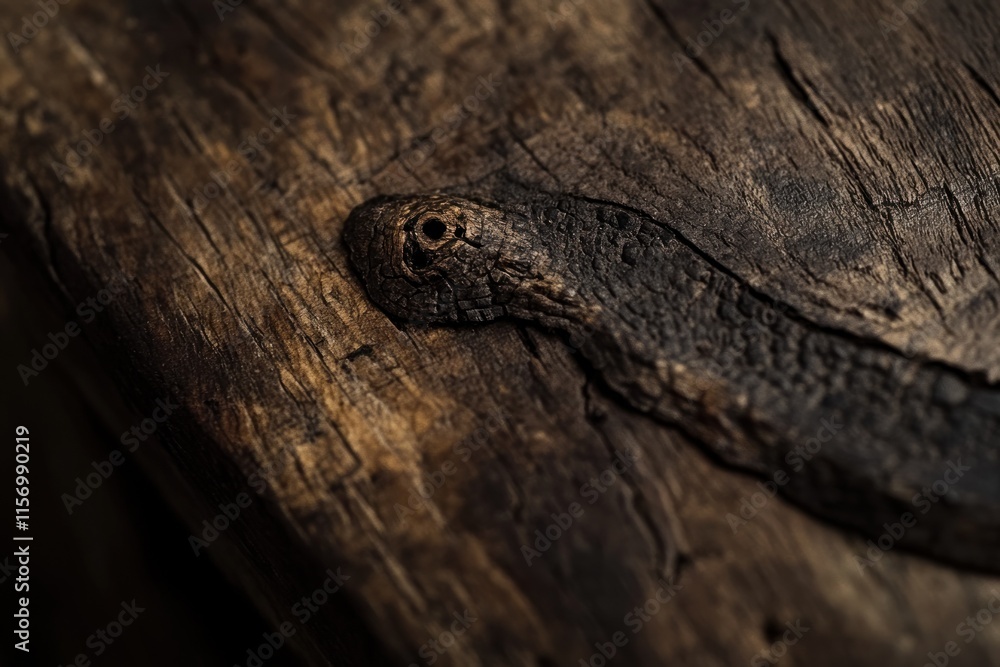 Poster close-up of a dark, weathered wooden surface with a small, dark, snake-like object on top.