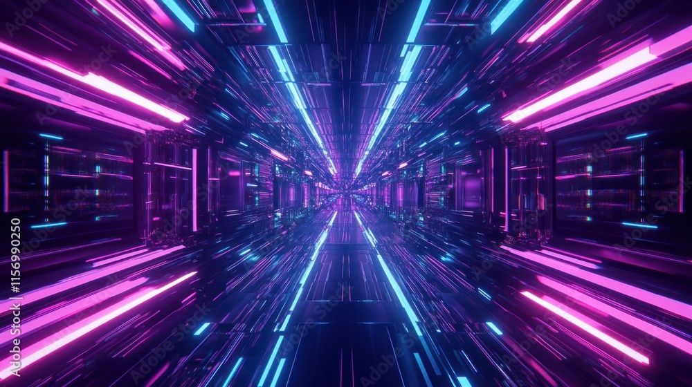 Poster abstract neon tunnel with vibrant pink and blue glowing lines, creating a futuristic and energetic a