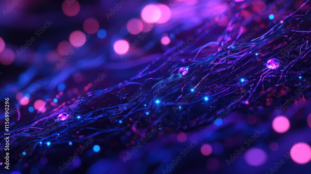 Poster abstract digital art of glowing purple and blue network with bokeh lights.