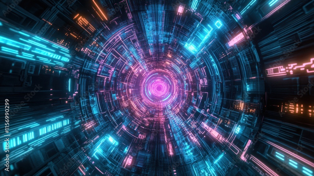 Aufkleber abstract digital tunnel with glowing neon lights and intricate circuitry.
