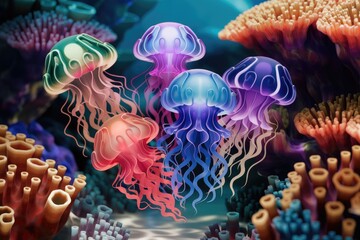 Vibrant jellyfish gracefully swim amidst colorful coral reefs in an underwater paradise.
