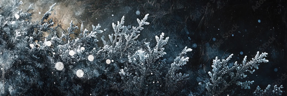 Poster frosty winter branches with bokeh effect, snowy needles, dark background.