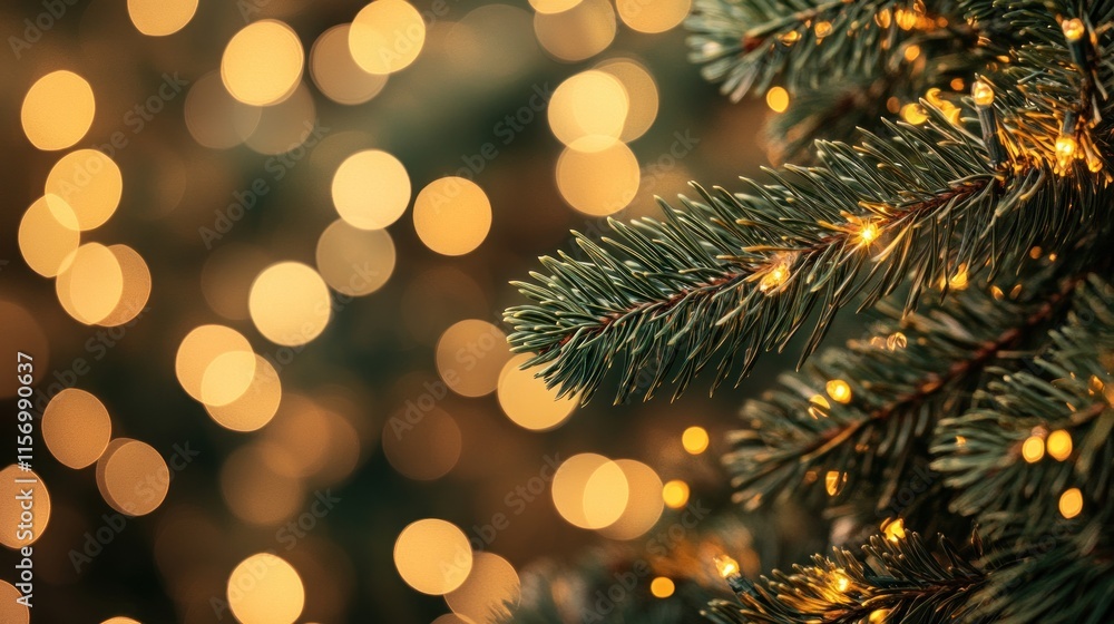 Aufkleber Close-up of illuminated Christmas tree branch with bokeh lights.