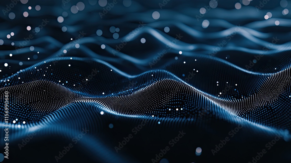 Poster abstract blue background features a wave of glowing dots and lines, ideal for digital design present