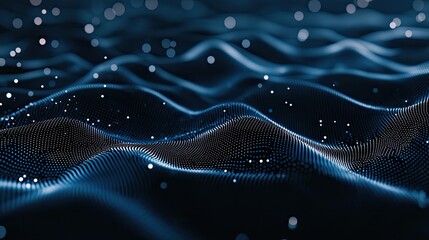 Abstract blue background features a wave of glowing dots and lines, ideal for digital design presentations focused on big data technology
