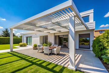 Fototapeta premium Modern White House Bioclimatic Pergola Design - Rule of Thirds Composition