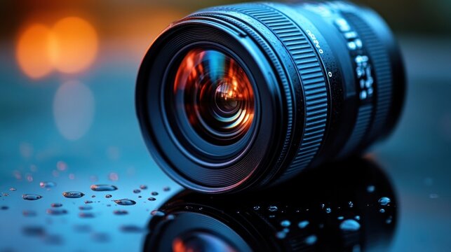 Close-up of camera lens with bokeh.