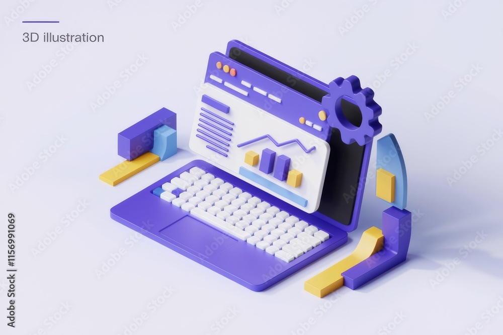 Poster 3D illustration of a laptop displaying data analytics charts and graphs, symbolizing digital business solutions.