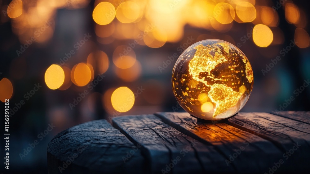 Aufkleber illuminated glass globe on rustic wooden surface with blurred lights background.