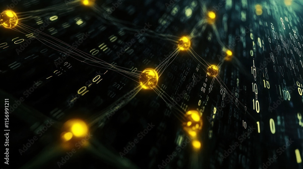 Poster Abstract digital network with glowing nodes and binary code background.