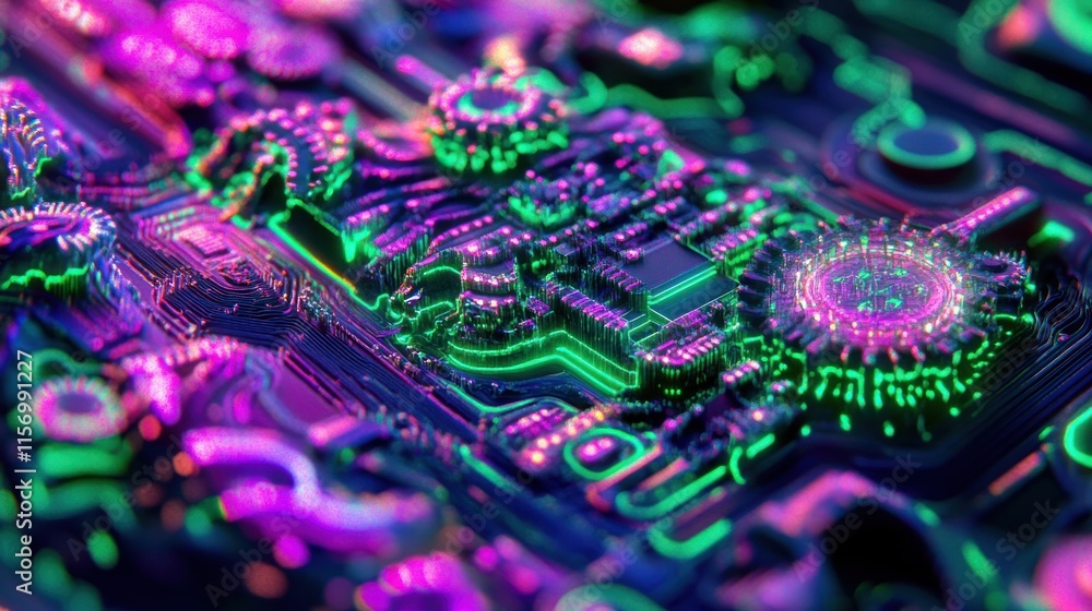 Poster close-up of a vibrant, complex circuit board with glowing neon lines and intricate gears.