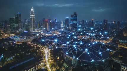 Fototapeta premium Smart digital Innovation city with connection network reciprocity over the cityscape. of future smart wireless digital city and social media networking systems that connects people with in city