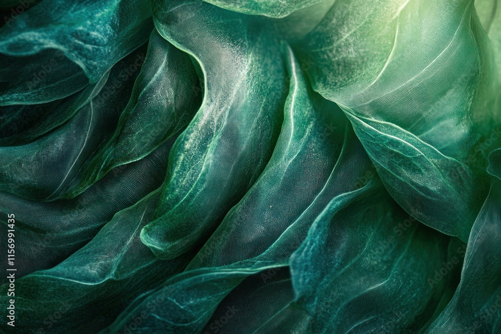Poster Abstract close-up of translucent, overlapping green leaves with varying shades and textures, creating a flowing, organic pattern.