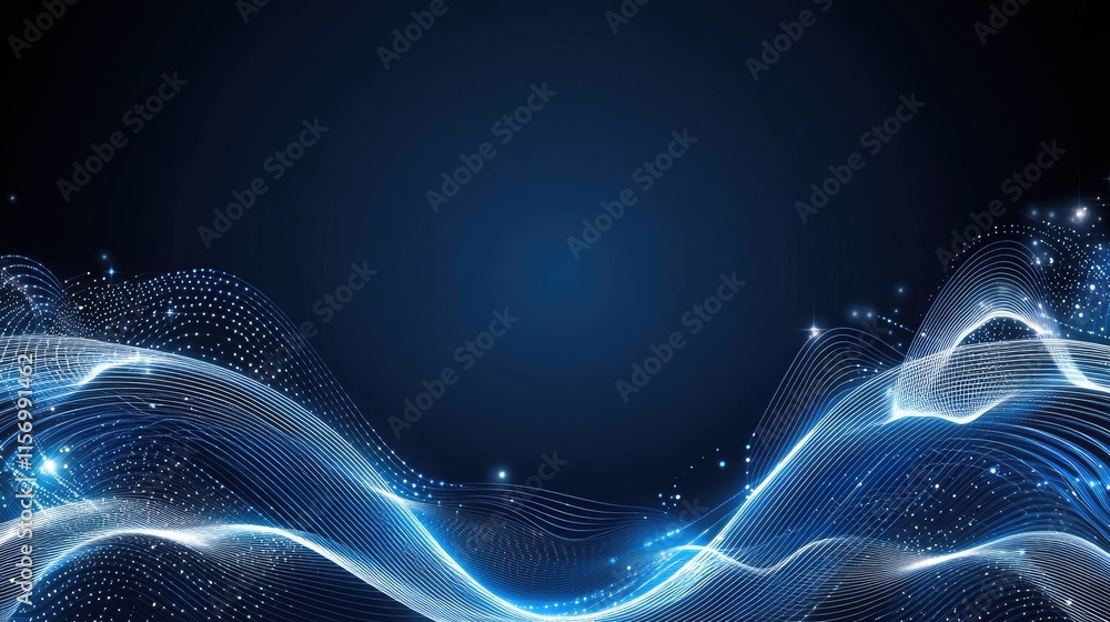 Poster abstract blue background features a wave of glowing dots and lines, ideal for digital design present