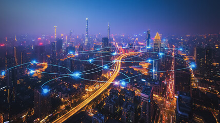 Obraz premium Smart digital Innovation city with connection network reciprocity over the cityscape. of future smart wireless digital city and social media networking systems that connects people with in city