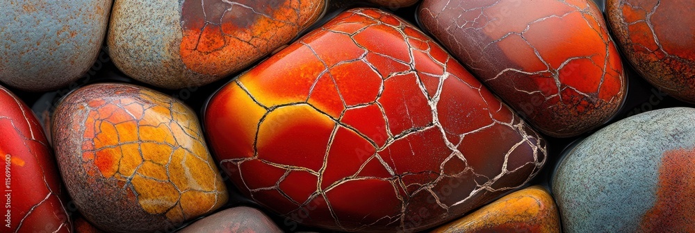Poster close-up of colorful, polished stones with intricate crack patterns.