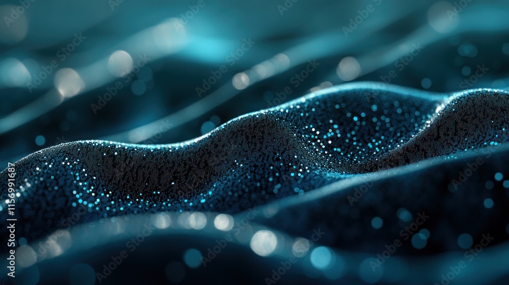 Poster abstract dark blue wavy surface with glittering particles.