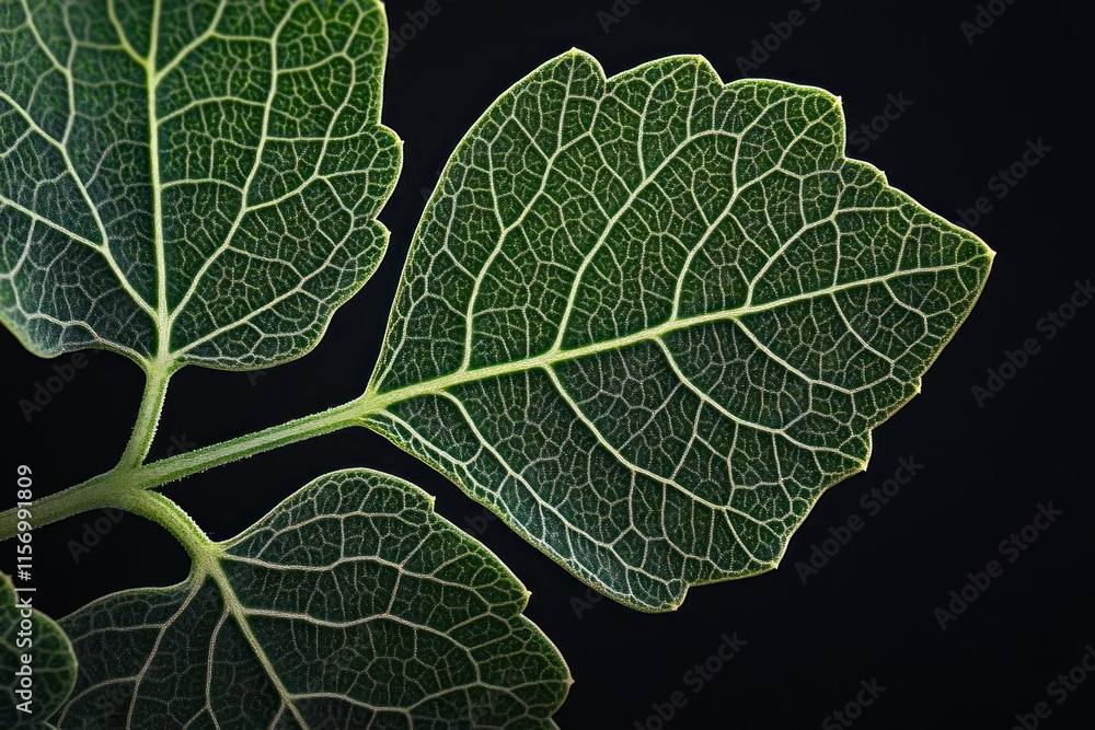 Poster close-up of a vibrant green leaf with intricate vein patterns against a black background.