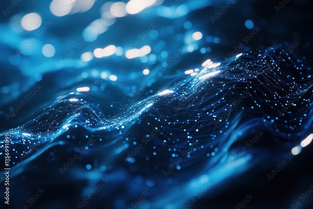 Aufkleber abstract blue digital wave background with glowing particles.