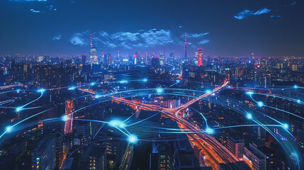 Fototapeta premium Smart digital Innovation city with connection network reciprocity over the cityscape. of future smart wireless digital city and social media networking systems that connects people with in city