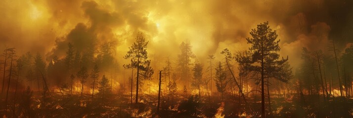 Expansive View of Forest Wildfire with Smoke and Flames at Dusk