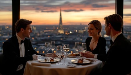 Elegant Friends Enjoying Fine Dining Experience with Panoramic Cityscape Views at Sunset