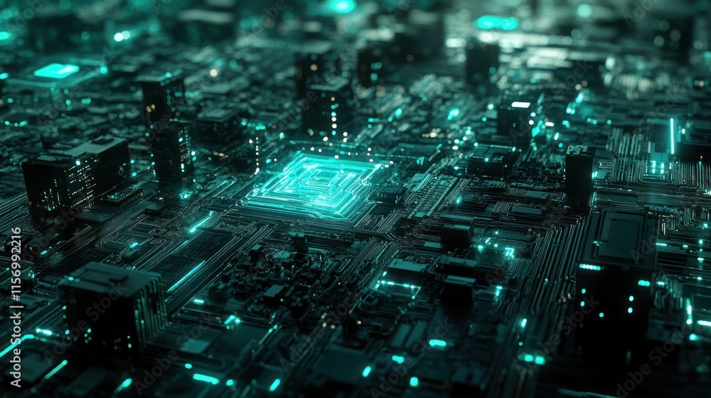 Aufkleber Abstract digital circuit board with glowing central processor.