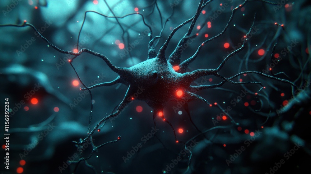 Poster Microscopic view of a neuron with glowing synapses.