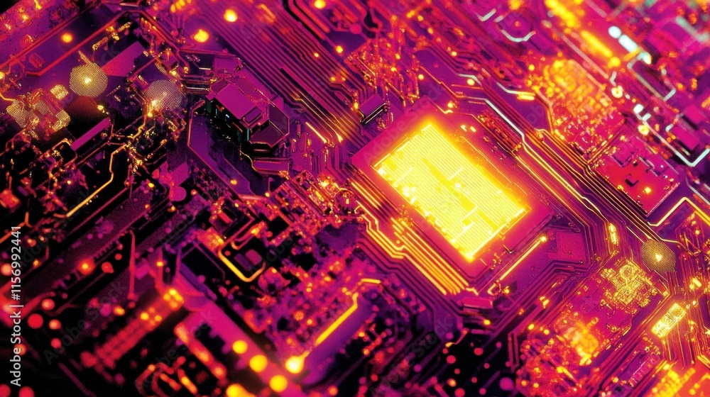 Poster close-up of a vibrant, glowing circuit board with intricate pathways and a central processor.