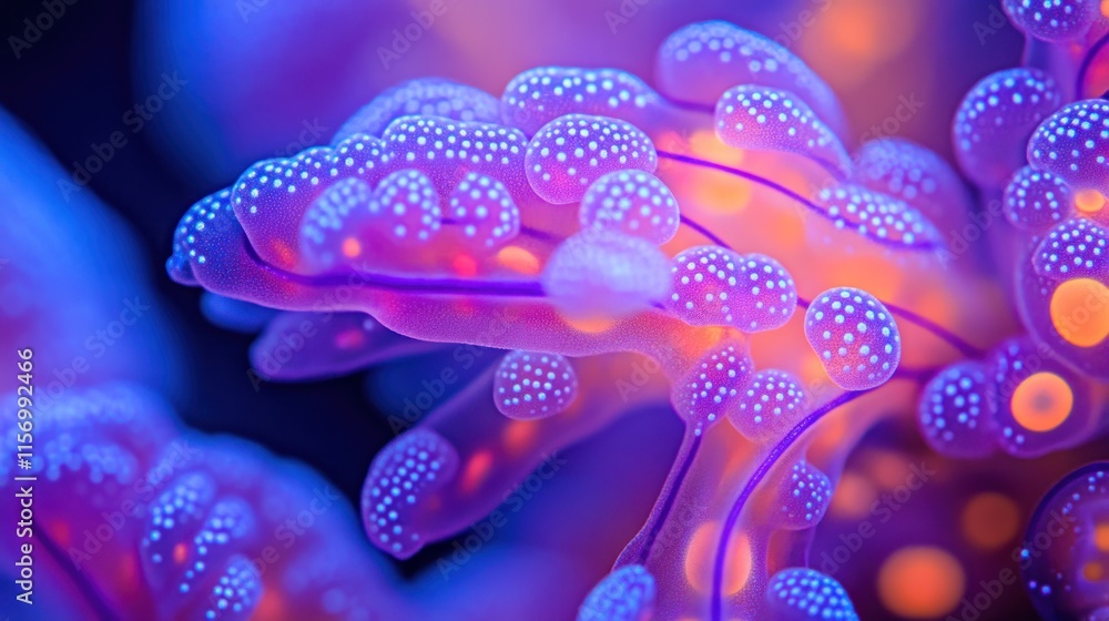 Poster vibrant close-up of a bioluminescent sea slug with intricate details and glowing textures.