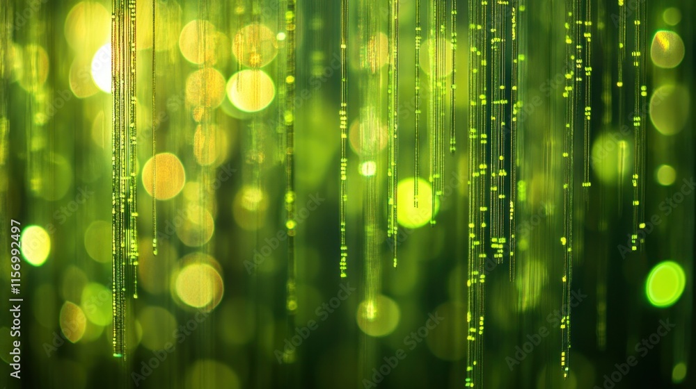 Poster Abstract green bokeh background with vertical light streaks and blurred circles.