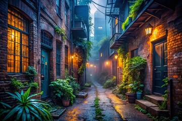 Fototapeta premium Mysterious Foggy Alleyway, Urban Exploration, Abandoned Building, Jazz Age Vibe, Vintage Atmosphere
